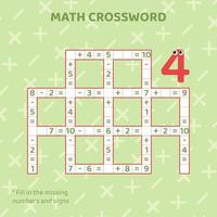 Math Crossword puzzle for children solve examples. Education materials for kids. Math educational crossword for preschool and age school children. Vector illustration