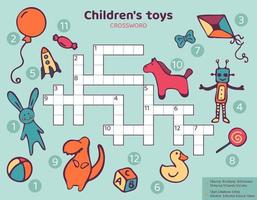 English Crossword with cute toys for kids. Education game for children. Learning English language. Cartoon spelling puzzle. Test for kids Crossword book. Vector illustration.