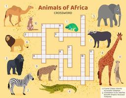 English Crossword with african animals. Education game for children. Learning English language. Cartoon spelling puzzle. Test for kids Crossword book. Vector illustration.