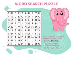 Word search puzzle with african animals. Education game for children. Learning English language. Cartoon spelling puzzle. Test for kids Crossword book. Vector illustration.