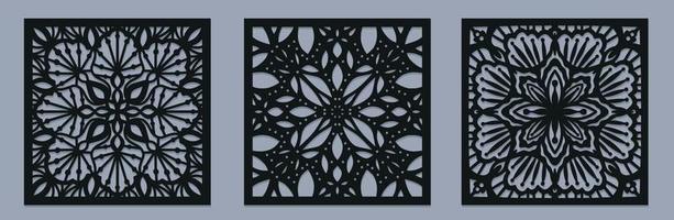 Set of Laser cut vector Decotative panel. Cutout silhouette with geometric Ornament Pattern. Square Template for cnc cutting, panels of wood, metal, paper, plastic