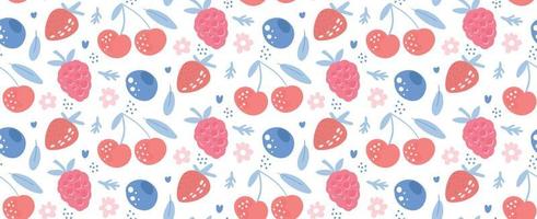 Vector Hand drawn seamless pattern of berries mix with leaves and flowers on a white background. Abstract modern Elements of summer berries for print, product design, menu and  posters