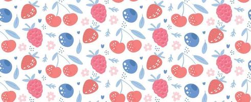 Vector Hand drawn seamless pattern of berries mix with leaves and flowers on a white background. Abstract modern Elements of summer berries for print, product design, menu and  posters