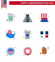 Happy Independence Day 4th July Set of 9 Flats American Pictograph of drink location pin hat wisconsin states Editable USA Day Vector Design Elements