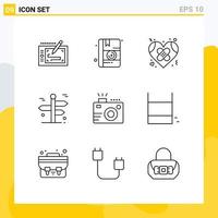 Set of 9 Vector Outlines on Grid for camera travelling broken travel navigation Editable Vector Design Elements