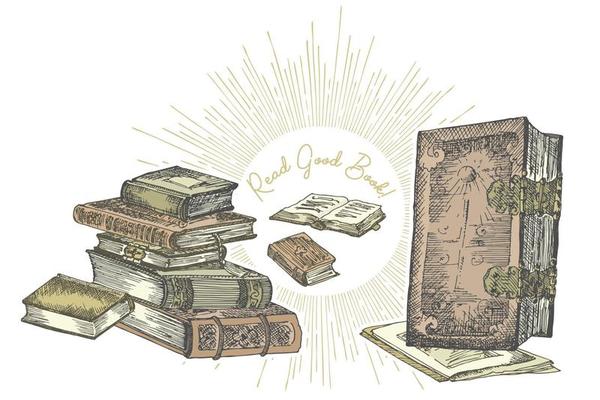 Color vintage banner with hand drawing sketch books isolated on white and text Read good book is a wonderful world. Concept vintage design for fair or festival flyer, bookshop advertising