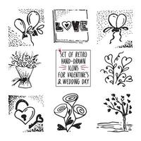 Set of retro hand-drawn icon for valentines and wedding day vector