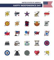 25 USA Flat Filled Line Pack of Independence Day Signs and Symbols of dog american men usa guiter Editable USA Day Vector Design Elements