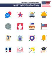 Modern Set of 16 Flats and symbols on USA Independence Day such as video movis cart cake muffin Editable USA Day Vector Design Elements