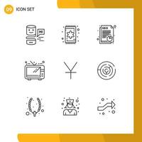 Modern Set of 9 Outlines and symbols such as yen yuan document tv entertainment Editable Vector Design Elements