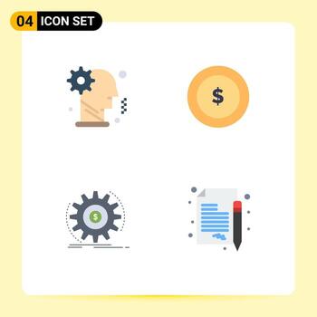 Set of 4 Vector Flat Icons on Grid for brain flow mechanism dollar making Editable Vector Design Elements