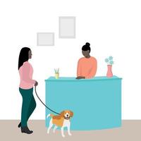 Two dark-skinned girls near the reception desk, animal hotel, veterinary clinic, flat vector, isolate on white, faceless illustration vector