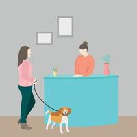 A girl with a dog stands near the reception desk, a flat vector on a gray background, a faceless illustration