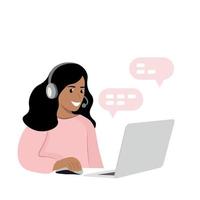 chica india con auriculares con laptop, trabajadora del centro de llamadas, en línea, oficina en casa, vector plano, aislada en blanco