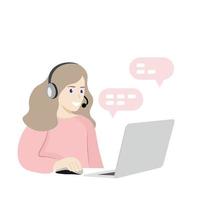 chica con auriculares con laptop, trabajadora del centro de llamadas, en línea, oficina en casa, vector plano, aislada en blanco