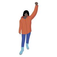 una chica negra con una chaqueta y botas se para con una mano levantada, vector plano, aislada en blanco, protesta, ilustración sin rostro