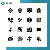Paquete de glifos sólidos de 16 interfaces de usuario de signos y símbolos modernos de software de documentos de animación de registros de llamadas elementos de diseño de vectores editables