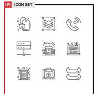 9 Universal Outline Signs Symbols of building server contact devices admin Editable Vector Design Elements