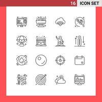 16 User Interface Outline Pack of modern Signs and Symbols of balloon adventure connection service call Editable Vector Design Elements