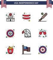 Happy Independence Day Pack of 9 Flat Filled Lines Signs and Symbols for animal eagle baseball celebration american Editable USA Day Vector Design Elements