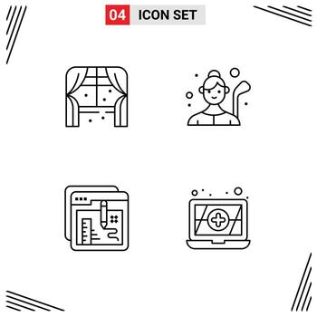 conjunto de línea de interfaz móvil de 4 pictogramas de elementos de diseño de vector editables de documento de jugador de golf de ventana de navegador de muebles