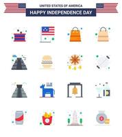 Set of 16 Modern Flats pack on USA Independence Day burger landmark usa building shop Editable USA Day Vector Design Elements