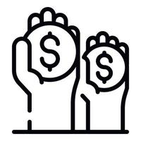 Crowdfunding coin in hand icon, outline style vector