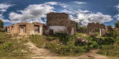 360 hdri panorama inside abandoned ruined bushy concrete decaying old building without roof in full seamless spherical hdri panorama in equirectangular projection, AR VR virtual reality content photo