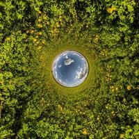 blue hole sphere little planet inside green grass round frame background photo