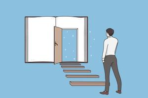 Possibilities, Success, leadership concept. Back of businessman standing on ladder forward and looking ahead for new possibilities and development at open door vector illustration