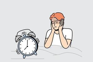 Guy in bed closes ears not to hear sounds of alarm clock. vector