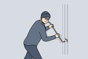 Robber in dark clothing force lock of building door with metal picklock. Thief is trying to enter into house. Bandit, burglar wants to penetrate to bank, shop. Vector linear colored illustration.