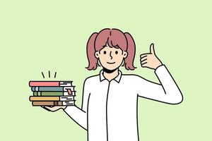 Girl holds pile of paper books, shows thumb up. Schoolgirl with textbooks loves to read, bookworm demonstrate like hand gesture. Student passed exam successfully. Vector outline coloured illustration.