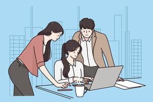 Business meeting, teamwork, brainstorm concept. Smiling business people colleagues partners cartoon characters having meeting using laptop in office discussing strategy vector illustration