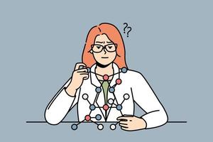 Woman scientist sitting at desk, looks at molecule model. Lady in laboratory solves problems of biochemistry or genetics. Biochemist makes experiments. Vector contour drawing colored illustration.