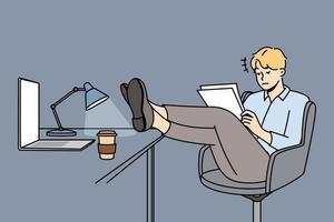 Worried man sits on chair, throwing his feet in boots on desk with laptop, looking at papers. Employee is in office overhours due to deadline. Overtime working. Vector outline colorful illustration.