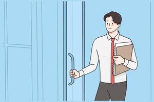 New opportunities, confidence, business success concept. Young smiling businessman office worker opening door on office feeling confident going to meeting or interview vector illustration