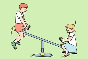 Children ride on teeter-totter at playground in summer. Boy, girl playing at seesaw at street lawn. Kids have fun outdoor. Vector contour line colorful illustration isolated on green background.