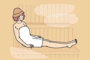 Woman in felt hat wrapped in body towel sits, sweating on bench in sauna. Girl relaxes, enjoys in bathhouse. Lady spends time at spa. Health recovering procedure. Vector outline colorful illustration.