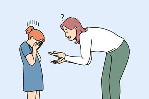 Young mother scolding unhappy crying small daughter. Confused mom talk with upset distressed girl child. Motherhood problem. Vector illustrations.