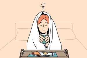 Woman in blanket sit in bed feel cold drink hot tea eating breakfast. Pensive girl in cover suffer from low temperatures indoors warm with food and coffee. Vector illustration.