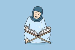 Smiling Arabic woman in abaya read Koran at home. Happy Arabian female in hijab pray with holy muslim book. Vector illustration.