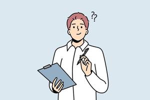 Man thinks, holds clipboard, pen in hands. Guy selects phrases for speech. Office worker, employee, manager prepares documents for signing contract, presentation. Vector outline illustration.