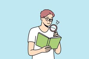 Spectacled young man reading book, studying using magnifying glass. Guy with poor eyesight is trying to view small text in coursebook with loupe. Boy with magnifier. Vector minimalistic modern design.