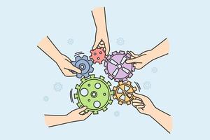 Hands of unrecognizable people hold gears in single design, construction. Teamwork, togetherness, support, brainstorm symbol, concept. Vector outline colorful illustration isolated on blue background.