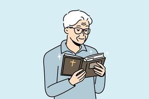 Elderly man looks into Holy Scripture. Pensioner is reading Bible. Grandfather holding open Cods book. Old christian praying, asks for help, blessings from higher powers. Vector linear illustration.