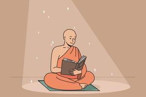 Buddhist monk reads ancient book sitting on rug. Religious votary receives sacred knowledge from ancient treatises. Man believing in God finds wisdom in temple. Vector thin line colorful illustration.