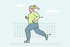 mujer gordita corriendo en la calle para estar en forma. la chica gorda hace ejercicio cardiovascular al aire libre para quemar calorías. dama regordeta trotando en la ciudad, participando en maratón. pérdida de peso. ilustración de color lineal vectorial. vector