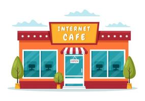 Internet Cafe Building for Playing Games, Workplace use a Laptop, Talking and Drinking in Flat Cartoon Hand Drawn Templates Illustration vector