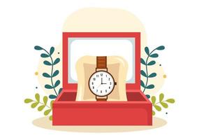 tienda de relojes con varios modelos, analógicos y digitales en dibujos animados planos dibujados a mano ilustración de plantillas vector